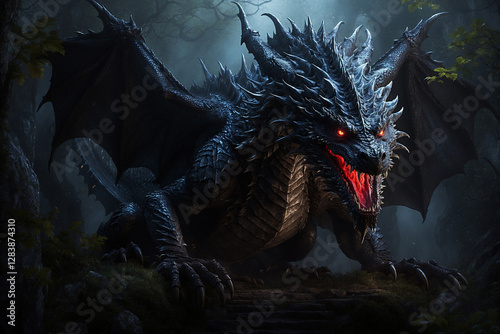 Ferocious Black Dragon in a Misty Forest: A Fearsome Fantasy Encounter.
