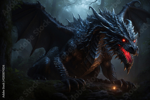 Ferocious Black Dragon in a Misty Forest: A Fearsome Fantasy Encounter.