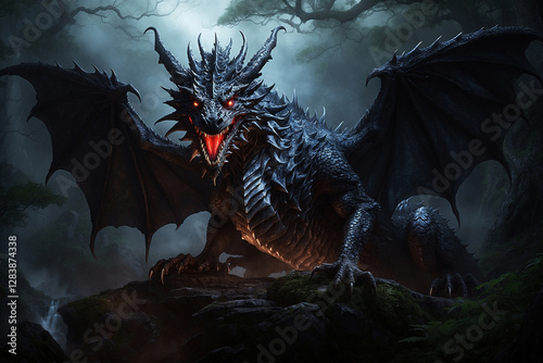 Ferocious Black Dragon in a Misty Forest: A Fearsome Fantasy Encounter.