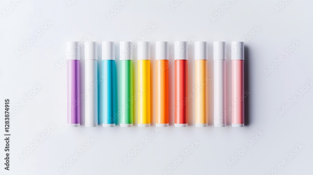 Obraz premium Colorful Lip Balms Arranged in a Row on a Clean White Background for Beauty and Cosmetic Themes