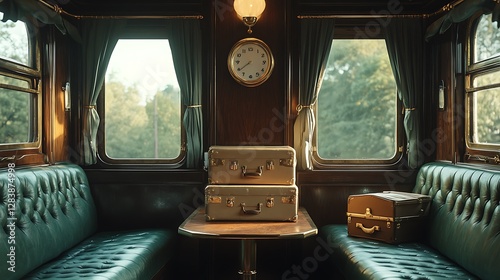 A beautifully restored 1920s train compartment, deep green leather seats, a wooden folding table, vintage suitcases stacked near the door, and soft golden light reflecting off brass fixtures. Classic,