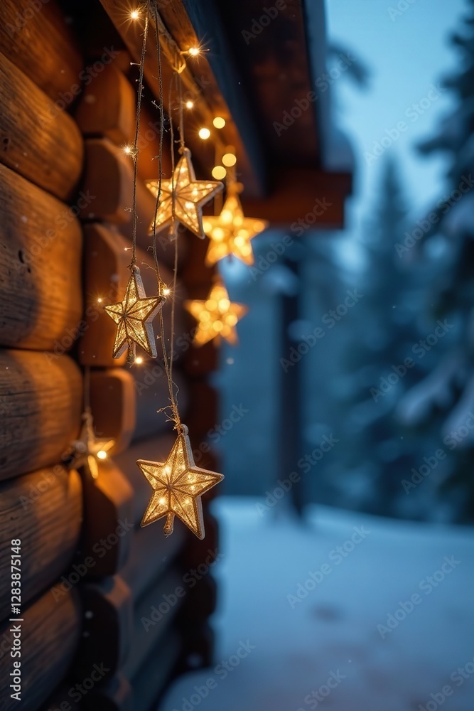 Fototapeta premium A string of golden star-shaped ornaments hanging from a wooden beam, wintery nights, wooden beams, cabin life