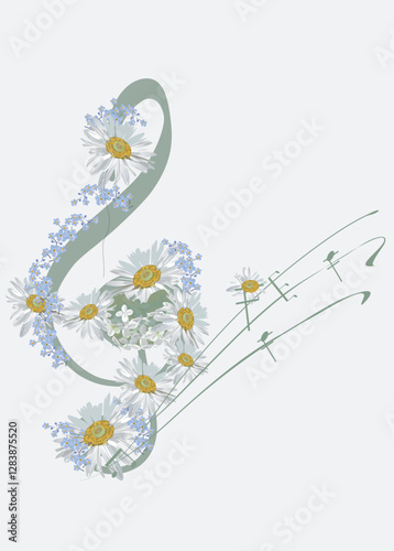 Abstract treble clef decorated with spring and summer flowers, daisies, notes. Hand drawn vector musical illustration.