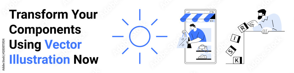 Sun icon, person assembling online store, individual arranging blocks labeled risk. Ideal for innovation, e-commerce, risk management, creativity, strategy, start-up planning flat landing page Sun icon, person assembling online store, individual arranging blocks labeled risk. Ideal for innovation, e-commerce, risk management, creativity, strategy, start-up planning flat landing page