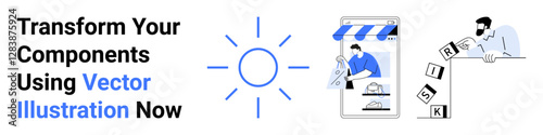 Sun icon, person assembling online store, individual arranging blocks labeled risk. Ideal for innovation, e-commerce, risk management, creativity, strategy, start-up planning flat landing page