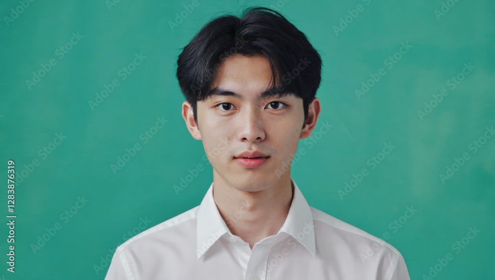 Young man portrait, studio shot, neutral expression, teal background. Possible use stock photo Young man portrait, studio shot, neutral expression, teal background. Possible use stock photo