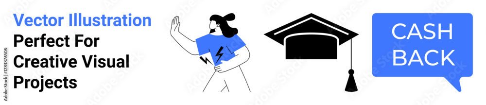 Woman in confidence pose, graduation cap icon, and cashback message bubble. Ideal for education, financial rewards, student loans, scholarships, e-commerce promotions, achievements flat landing page Woman in confidence pose, graduation cap icon, and cashback message bubble. Ideal for education, financial rewards, student loans, scholarships, e-commerce promotions, achievements flat landing page