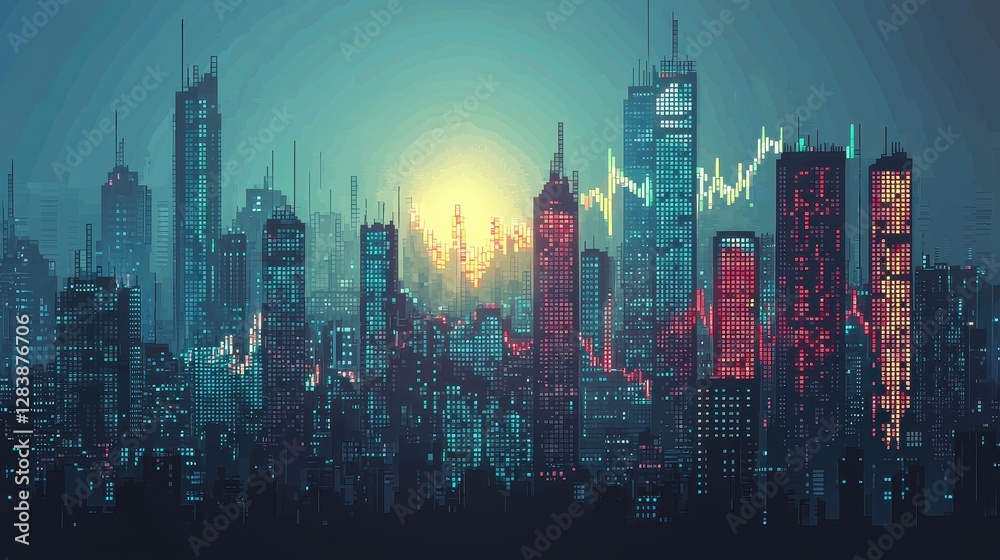 Fototapeta premium Futuristic Cityscape at Dawn Stock Market Candlestick Chart Overlay on Illuminated Buildings