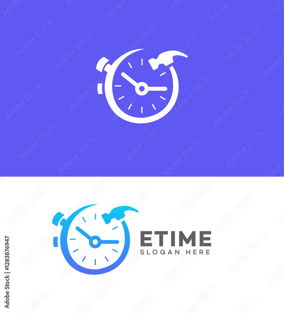 Fototapeta premium Fast Repair Service Logo Clock, Hammer, Time, Efficiency, Speed