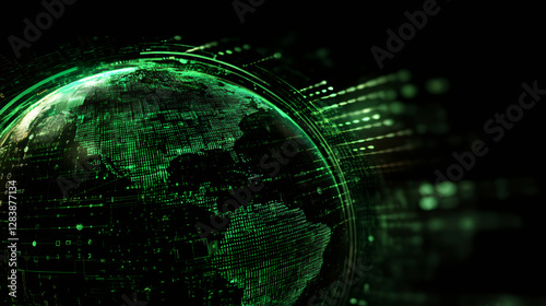 Green globe rotating and generating binary code on black background, concept of global digital network and communications