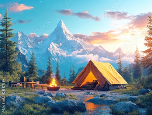 A captivating isometric scene of a campsite featuring a tent and a crackling campfire set in a serene forest with majestic mountains in the distance evoking outdoor adventure. photo