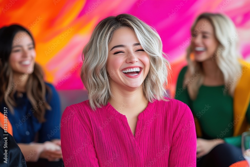 Obraz premium Joyful Moments Among Friends Sharing Laughter in a Colorful Setting
