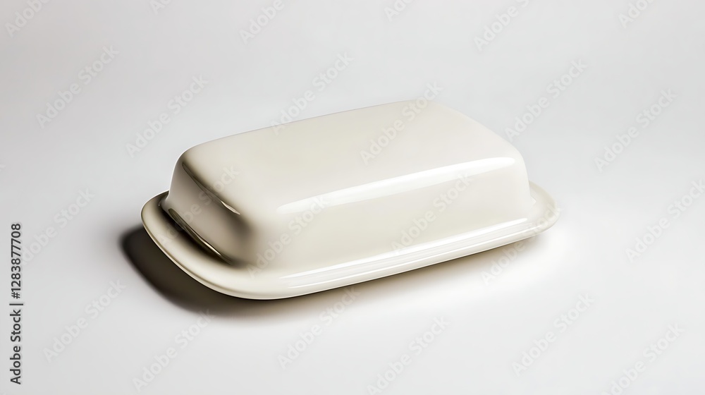 Simple White Butter Dish with Lid on a Soft Neutral Background for Kitchen or Dining Table Setting Simple White Butter Dish with Lid on a Soft Neutral Background for Kitchen or Dining Table Setting