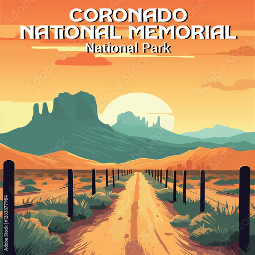 Coronado Memorial sunset trail vector. Flat design showing the desert landscape and path. Ideal for travel and nature themes.