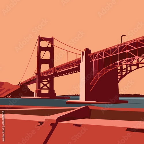 Fort Point Golden Gate vector. Flat design showing the iconic bridge and historic site. Ideal for travel and landmark themes.