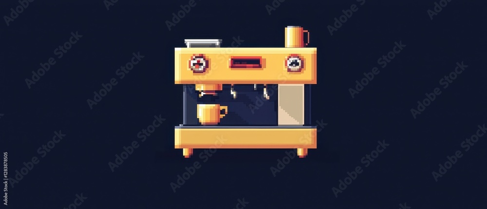 Pixel Art Espresso Machine Yellow Coffee Maker Brewing Drink Pixel Art Espresso Machine Yellow Coffee Maker Brewing Drink