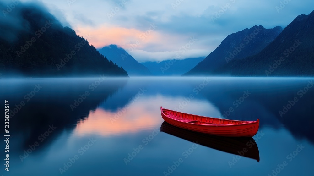 Serene Red Boat on Still Waters at Dawn in Mountain Landscape Serene Red Boat on Still Waters at Dawn in Mountain Landscape