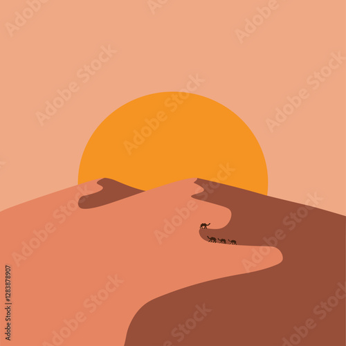 Sahara, Morocco vector art. Camel caravan at sunset. Vintage travel poster design.