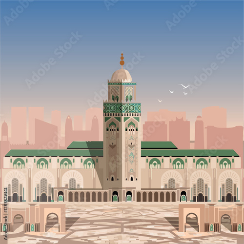 Casablanca Hassan II Mosque vector illustration. Flat design featuring the iconic architecture. Ideal for travel and cultural themes.