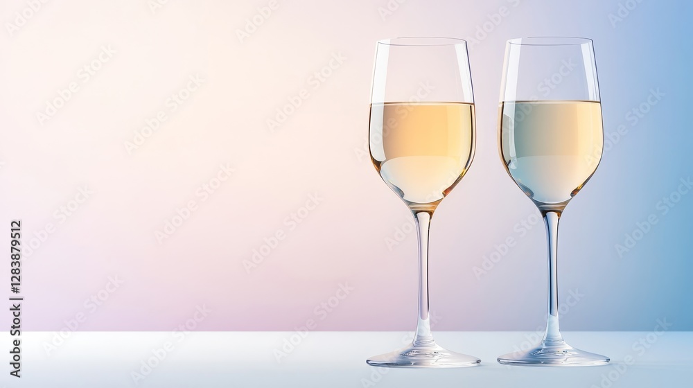 Elegant Pair of Wine Glasses Filled with White Wine on Table Elegant Pair of Wine Glasses Filled with White Wine on Table