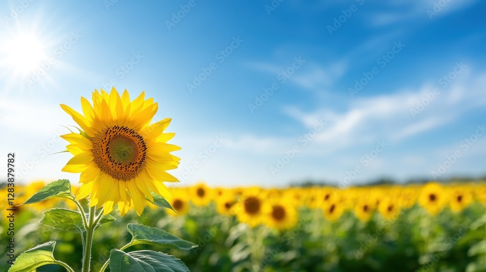 Fototapeta premium Bright Sunflower Field Under Vibrant Blue Sky on Sunny Day