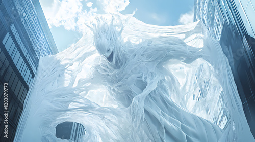 Mockup huge white broadsheet on the building at daylight. Nightmarish Shapeshifting Figure. Illustration