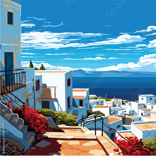 Vintage travel stamp style illustration. Coastal town view, white buildings, blue sea. Retro, graphic, travel art.