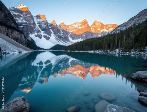 Wallpaper Mural Serene mountain lake reflecting snow-capped peaks at sunrise Torontodigital.ca