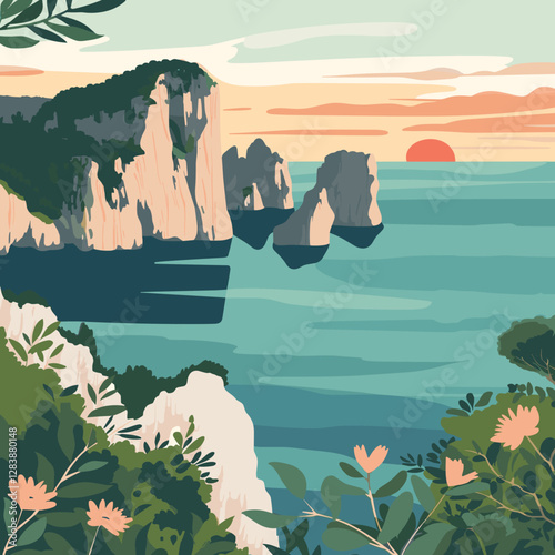 Capri Italy Faraglioni sunset vector. Flat design showing the iconic rock formations. Ideal for travel and scenic themes.