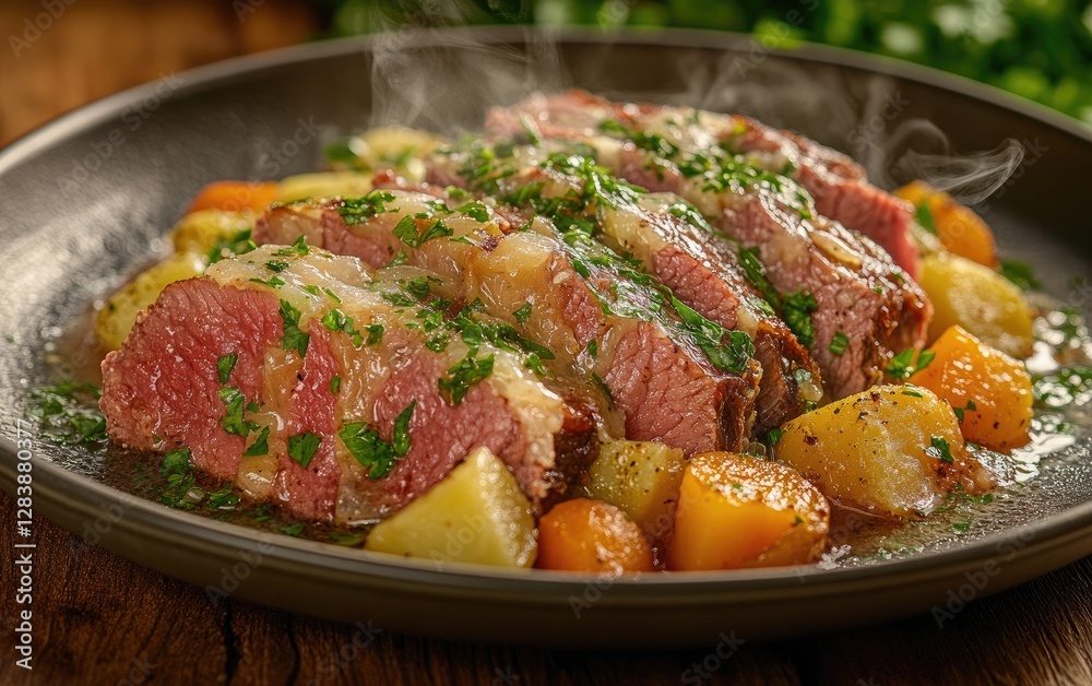 Sliced roast beef with potatoes and carrots Sliced roast beef with potatoes and carrots