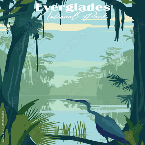 Everglades National Park heron vector. Flat design showing the iconic bird and swamp scenery. Ideal for travel and nature themes.