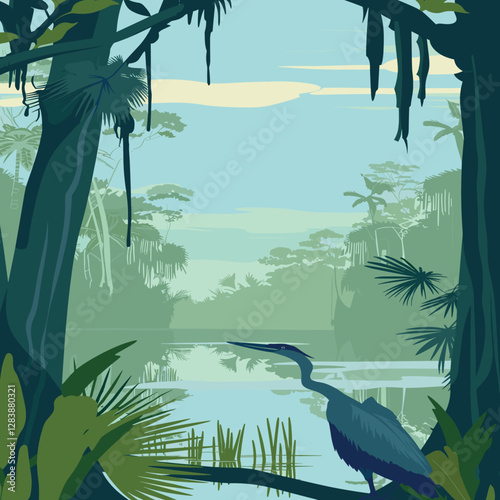 Everglades National Park heron vector. Flat design showing the iconic bird and swamp scenery. Ideal for travel and nature themes.