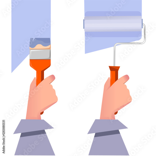 A person holds a roller and a brush in his hand, painting, decorating, repairing. Vector graphics