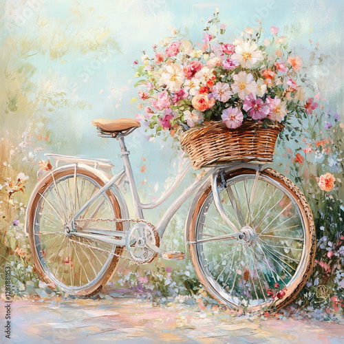 A bicycle with a basket full of flowers