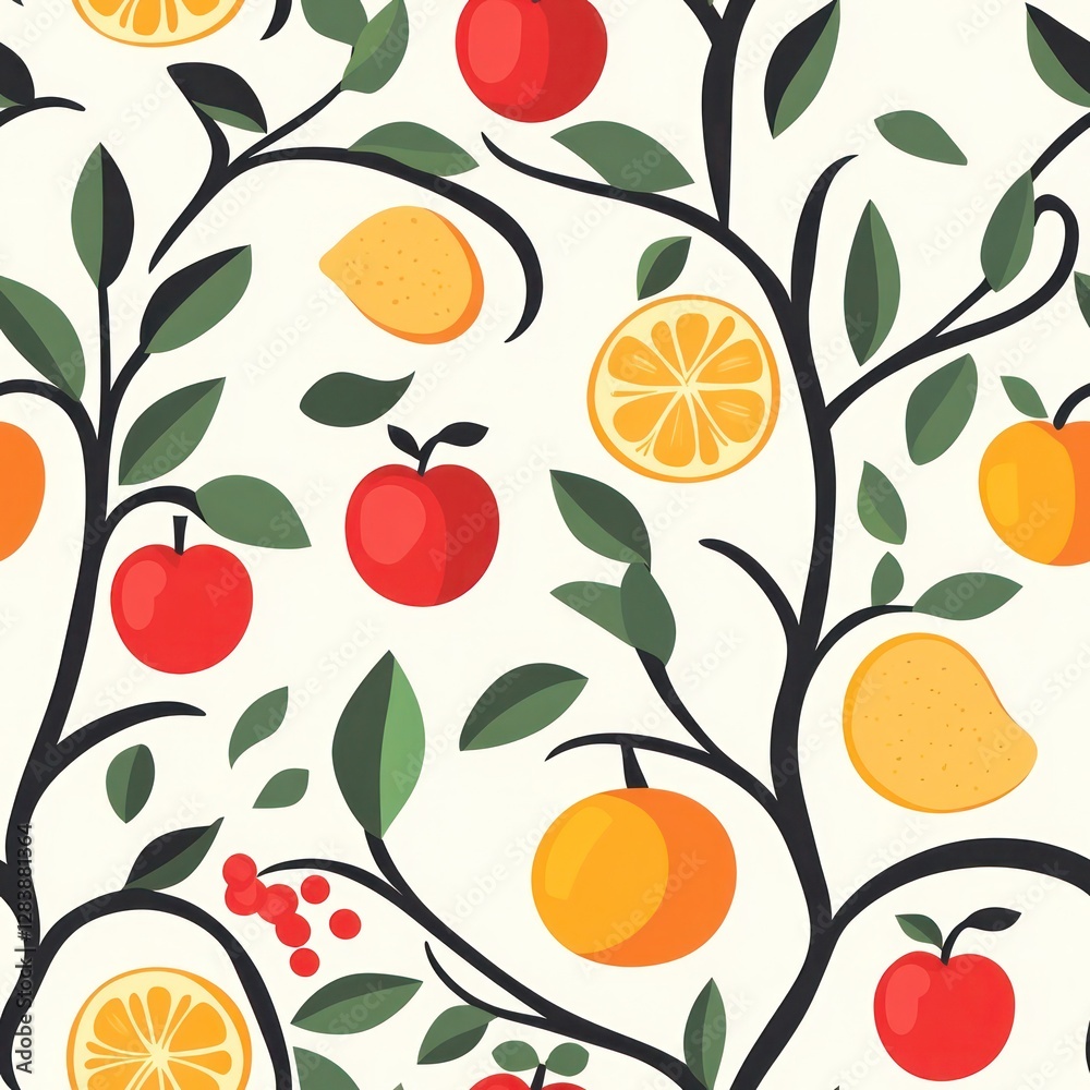 Fruit pattern with stylized branches, leaves, and various citrus fruits, such as apples, oranges, lemons, and sliced citrus segments, arranged in a seamless design on a white background.. Fruit pattern with stylized branches, leaves, and various citrus fruits, such as apples, oranges, lemons, and sliced citrus segments, arranged in a seamless design on a white background..