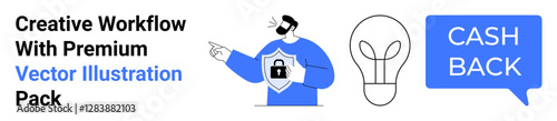 Male character gestures toward ideas with shield lock icon representing security, lightbulb for creativity, and cashback message. Ideal for business, security, innovation, finance, marketing