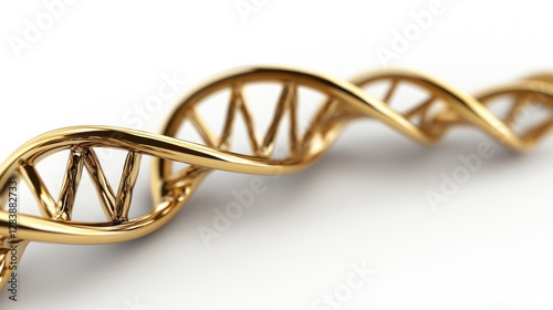Golden DNA double helix strand on white background.