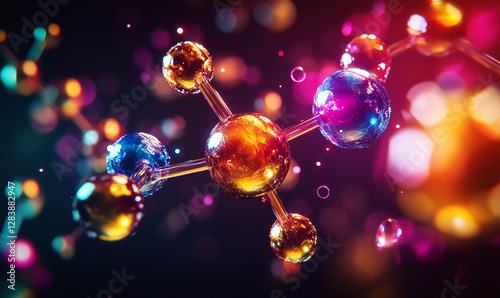 The glowing molecules resemble a cosmic, microscopic world filled with interconnected particles.
