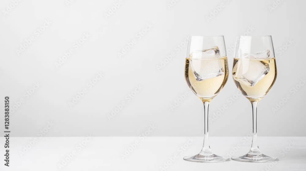 Elegant Glasses of White Wine with Ice Cubes on a Minimalist Background Elegant Glasses of White Wine with Ice Cubes on a Minimalist Background