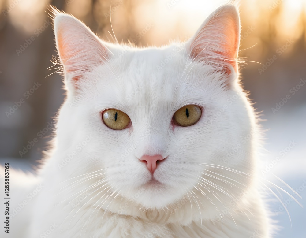 A white cat with yellow eyes stands against a background of snow and looks at the camera A white cat with yellow eyes stands against a background of snow and looks at the camera