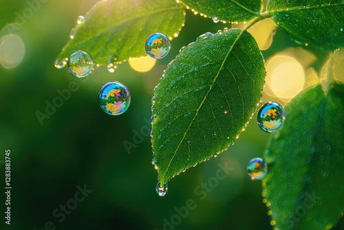 Dewdrops and iridescent soap bubbles clinging to vibrant green leaves in the sunlight.