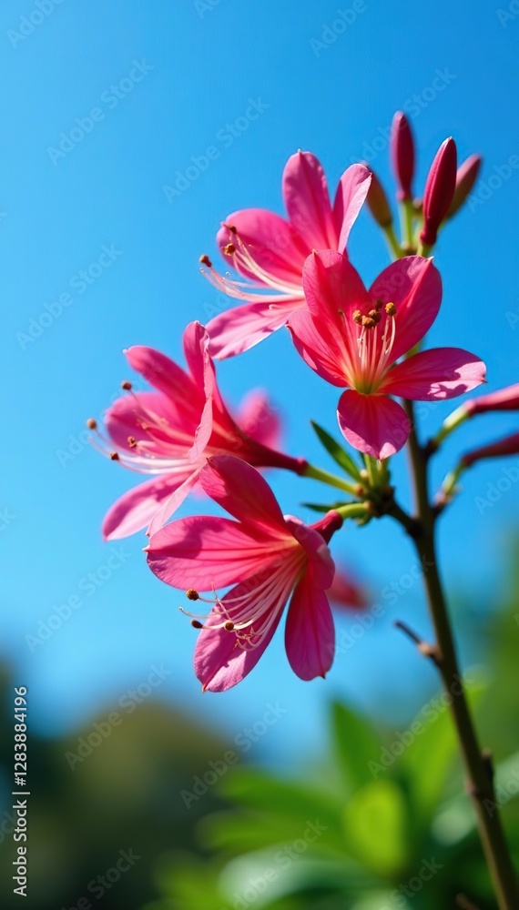 Fototapeta premium Branch of alstroemeria flowers against a bright blue sky, stem, garden, flowers