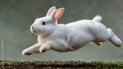 White Rabbit in Action: A white rabbit, captured mid-leap against a blurred natural backdrop, showcasing agility and grace. 
