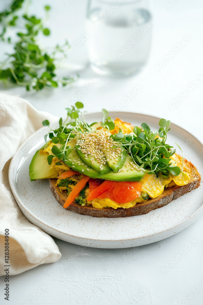Vegetable avocado toast on sourdough with microgreens and sesame seeds Vegetable avocado toast on sourdough with microgreens and sesame seeds