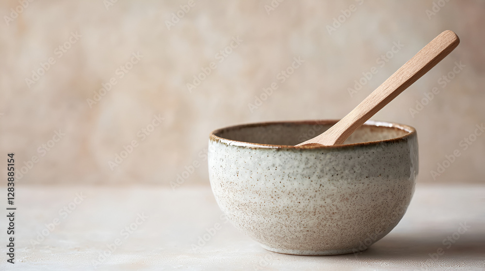 Neutral toned ceramic bowl with a light wooden spoon on a neutral background. Simple and peaceful scene. Neutral toned ceramic bowl with a light wooden spoon on a neutral background. Simple and peaceful scene.