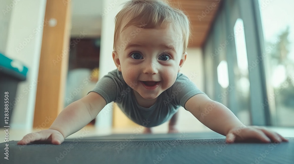 Happy baby crawling on a wooden floor in a bright room, exploring surroundings with curiosity and joy, healthy development concept Happy baby crawling on a wooden floor in a bright room, exploring surroundings with curiosity and joy, healthy development concept