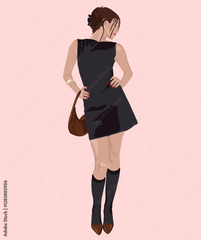 Woman in a Black Mini Dress with Knee-High Socks