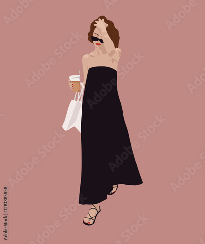 Elegant Woman in a Black Dress Holding Coffee