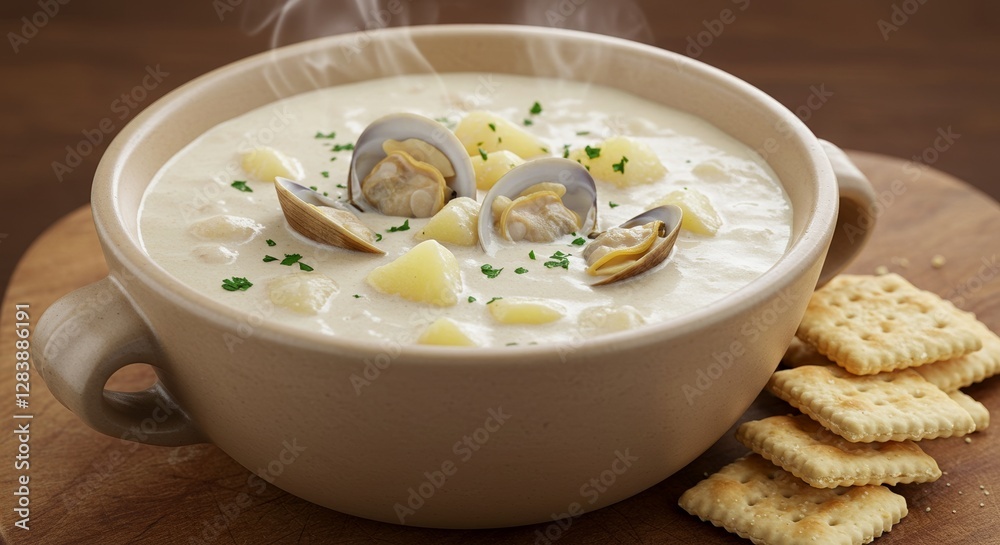 Warm and inviting bowl of New England clam chowder ready to be served Warm and inviting bowl of New England clam chowder ready to be served