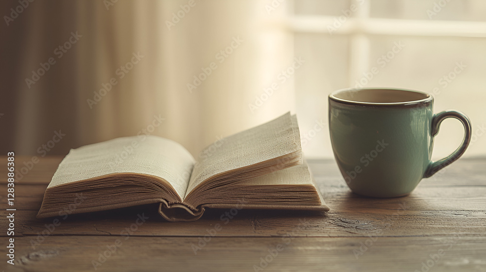 Cozy reading nook with an open book and a warm beverage, perfect for a relaxing afternoon. Cozy reading nook with an open book and a warm beverage, perfect for a relaxing afternoon.